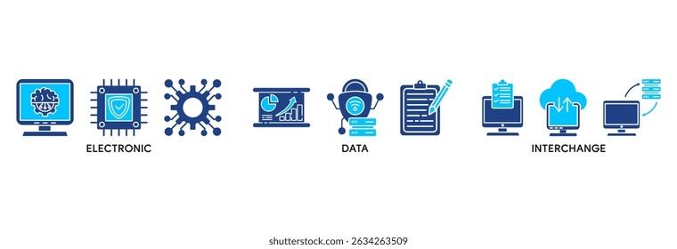 El concepto de Ilustración vectorial de conjunto de iconos EDI se relaciona con el intercambio electrónico de datos de documentos comerciales Formato estándar con un servidor en la nube, intercambio, base de datos, archivo, gráfico, automatización e icono de proceso