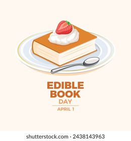 Ilustración vectorial de póster del Día del Libro Comestible. Libro pastel con crema batida y fresa icono vector. Plantilla para fondo, banner, tarjeta, cartel. 1 de abril. Día importante
