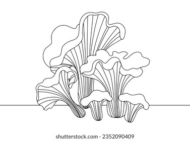 Edible chanterelle mushrooms. Chanterelles are a summer mushroom, usually appearing in mid to late July. European Mushroom Day. One line drawing for different uses. Vector illustration.