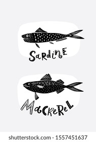 Edible Fish Silhouettes Decorative Isolated On Background. Modern Cutout Linocut Style Poster. Mackerel, Sardine. Hand Drawn Lettering Titles. 