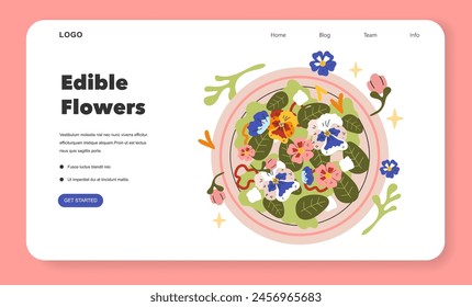 Edible Flowers concept. An illustration of a salad bowl full of colorful flowers ready to be eaten, promoting a unique culinary experience. Vector illustration.