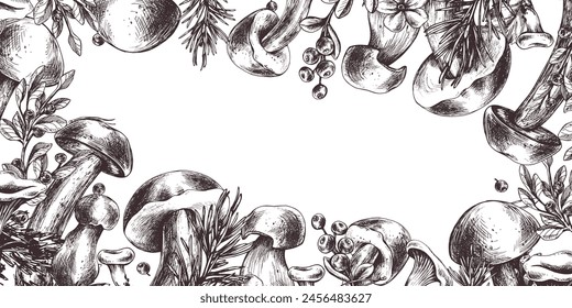 Essbare Waldpilze, Boletus, Pfifferlinge mit Heidelbeeren und Preiselbeeren, Blätter, Tannen und Zapfen. Grafische Illustration, handgezeichnet mit brauner Tinte, Strichkunst. Rechteckige Rahmen Vorlage