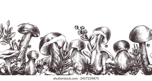 Edible forest mushrooms, boletus, chanterelles with blueberries and lingonberries, leaves, fir and cones. Graphic illustration, hand drawn with brown ink, line art. Seamless border, pattern