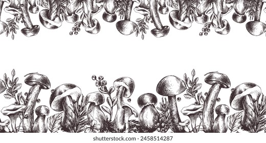 Edible forest mushrooms, boletus, chanterelles with blueberries and lingonberries, leaves, fir and cones. Graphic illustration, hand drawn with brown ink, line art. Rectangular frame template