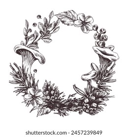 Edible forest mushrooms chanterelles with blueberries and lingonberries, leaves, fir and cones. Graphic illustration, hand drawn with brown ink, line art. Round frame, wreath template for text.