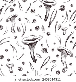 Edible forest mushrooms chanterelles with blueberries, leaves, fir needles. Graphic illustration, hand drawn with brown ink, line art monochrome. Seamless pattern, simple.