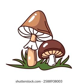 Edible forest mushrooms line vector illustration. Two autumn fungus on grass.