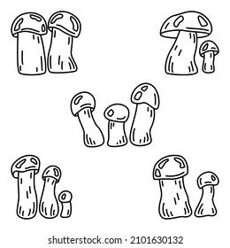 Edible forest mushrooms. Orange birch bolete, orange-capped bolete, red-capped scaber stalk. Set of vector icons, outline, isolated. Editable stroke