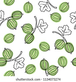 Edible fruit. Seamless pattern with gooseberry. Fruit illustration. Indian gooseberry Malacca tree.  Good for backdrop, textile, wrapping paper, wall posters. Vector continuous line draw