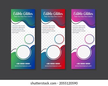 edible glitter business roll up design template, X-stand, Vertical flag-banner design layout, standee display promoting, brochure, Corporate flyer sale banner cover presentation in vector template.