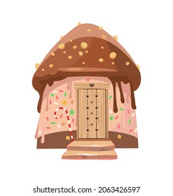 Edible home. Sweet caramel fairy house. Illustration in cartoon style flat design. Picture for children isolated on white background. Vector.