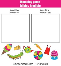 Edible inedible educational children game, printable kids activity sheet