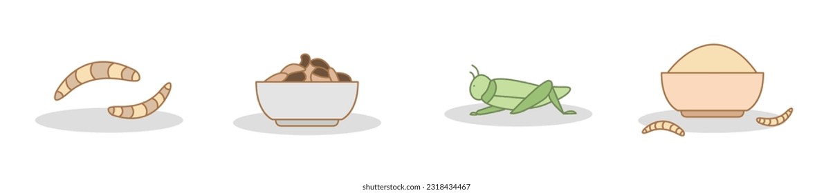 Edible insect modern cartoon icon set, roasted mealworms concept, grasshopper snack icons, crickets bowl emblems, animal dish nutrition symbols isolated on white background