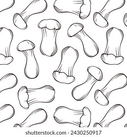 Edible King Trumpet Oyster mushrooms seamless pattern in line art style. Design for wrapping paper, wallpaper, textiles, menu restaurant. Vector illustration on a white background.