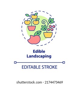 Edible landscaping concept icon. Include food plants. Gardening method abstract idea thin line illustration. Isolated outline drawing. Editable stroke. Arial, Myriad Pro-Bold fonts used