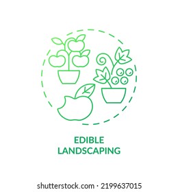 Edible landscaping green gradient concept icon. Include food plants. Growing fruits. Gardening method abstract idea thin line illustration. Isolated outline drawing. Myriad Pro-Bold font used