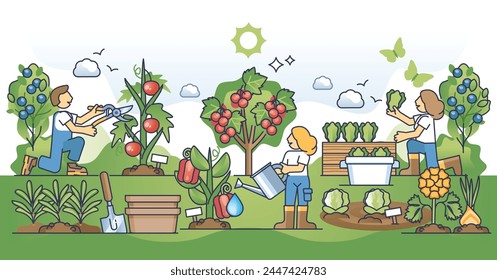 Edible landscaping and growing you own organic and fresh food outline concept. Sustainable lifestyle with local vegetables and fruits growing vector illustration. Environmental harmony in community.