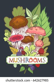 Edible mushroom cover with leaves and berries in engraved style. Fully editable vector illustration with clipping mask. Figured table with mushrooms lettering.