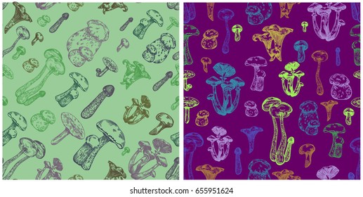 Edible mushroom seamless pattern in engraved style. Vector illustration for backgrounds.