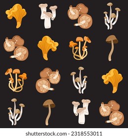 Edible Mushroom seamless pattern on black background.. Vector hand drawn food fungus illustration for greeting card, fabric, wallpaper or wrapping paper