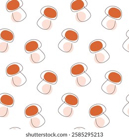 Edible mushroom seamless pattern with one continuous line drawing style mushroom. Vector seamless pattern with fall or autumn seasonal food element