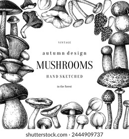 Edible mushrooms background. Hand drawn vector illustration. Forest mushroom sketches. NOt AI generated