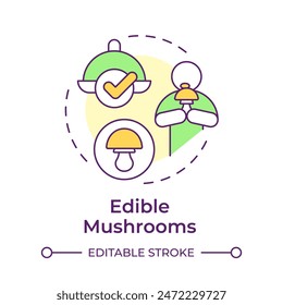 Edible mushrooms multi color concept icon. Safe mushrooms for eating. Foraging mushrooms. Vegan food. Round shape line illustration. Abstract idea. Graphic design. Easy to use in article