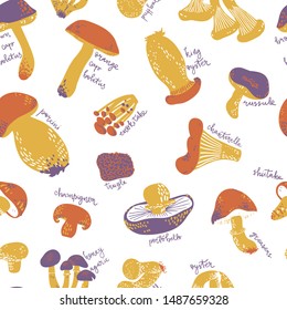 Edible Mushrooms with names seamless pattern. Linocut old style. Hand drawn vector illustration. Warm colors.