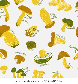 Edible Mushrooms with names seamless pattern. old style. Hand drawn vector illustration. Warm colors.