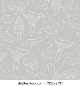 Edible mushrooms outline seamless pattern. Hand drawn fungi. Birch bolete, blewits, brown, champignon, shiitake, chanterelle, wrinkled. Contour vector illustration on gray background.