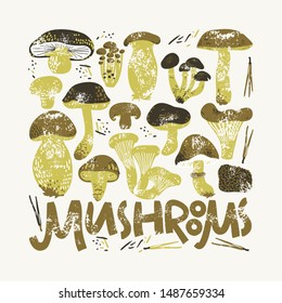 Edible Mushrooms poster. Linocut old style. Hand drawn vector illustration. Natural colors.