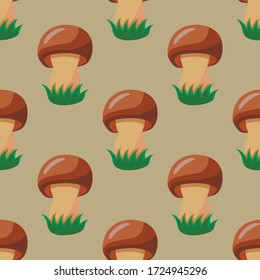 Edible mushrooms seamless pattern with brown hat, vector illustration