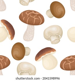 Edible mushrooms seamless pattern. Porcini, shiitake and champignons. Food background. Vector cartoon flat illustration.