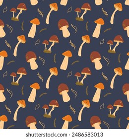 Edible mushrooms seamless pattern. Various fungus endless background. Vector hand drawn illustration.