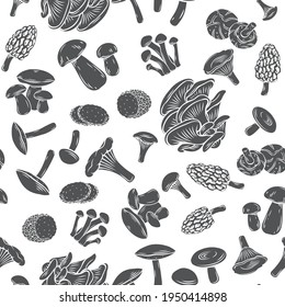 Setas comestibles sin fisuras patrón vectorial monocromo glifo aislado fondo. Plantas forestales, proteína natural de hongos alimentarios ilustraciones en estilo grabado