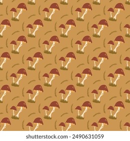 Edible mushrooms seamless pattern. Vector hand drawn illustration.