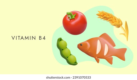 Ingredientes naturales comestibles con vitamina B. Granos verdes, tomate rojo, pescado, oído de trigo. Composición vectorial con texto. Concepto alimentario, reposición de vitaminas