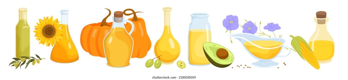 Edible natural oil set vector illustration. Cartoon isolated liquid food product in glass bottles and bowl from seeds, flowers and vegetables, olive sunflower avocado pumpkin corn virgin organic oils