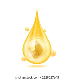 Edible Nest Swiftlet, Bird's nest in golden water drop and Vitamins collagen serum orange shining with oxygen bubbles. Isolated on white background. Saliva of bird backed. 3D Realistic vector Eps10.