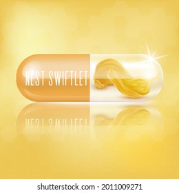 Edible Nest Swiftlet in capsule vitamin golden yellow. Premium grade bird's nest is made from the saliva of a bird backed. Medical concepts and health supplements. Realistic 3D Vector illustration.