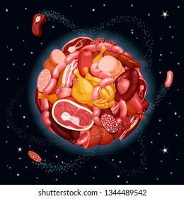Edible planet of meat and meat delicacies, with satellites, in space among the stars