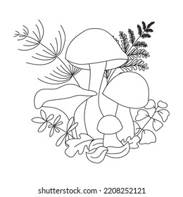 Edible and poisonous mushrooms with grass and leaves, painted by black liner in hands. Idea for learning, coloring, poster and children's art.  Black and white hand drawing.