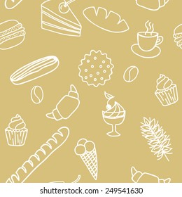 Edible seamless pattern with bread rolls cakes cookies frozen fancy bread. Vecor illustration.