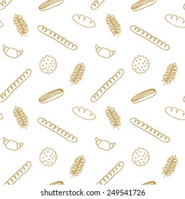 Edible seamless pattern with bread rolls cookies cereals. Vector illustration.