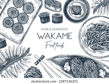 Edible seaweed background. Hand drawn wakame design in sketch style. Sea vegetables vector illustrations. Japanese cuisine dishes menu. Healthy food ingredients vintage banner template