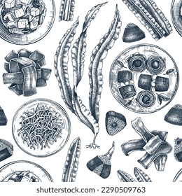Edible seaweed seamless pattern. Hand-drawn Kombu - sea vegetable illustration. Healthy food vector background. For Japanese cuisine, restaurant menu design, packaging, delivery, and textile.
