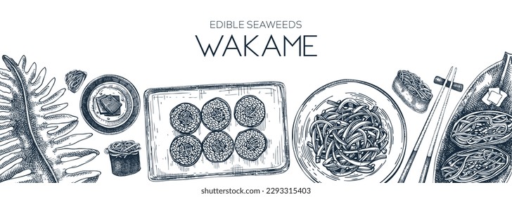 Fondo vector de algas comestibles. Diseño del borde de algas wakame dibujado a mano. Verduras marinas, algas marinas e ilustraciones de vectores alimentarios saludables. Plantilla de menú del restaurante de cocina japonesa