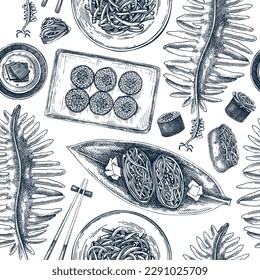 Edible seaweed vector background. Healthy food trends seamless pattern. Hand-drawn wakame algae backdrop. Sea vegetables and seaweed illustration. Asian cuisine restaurant menu design or texture