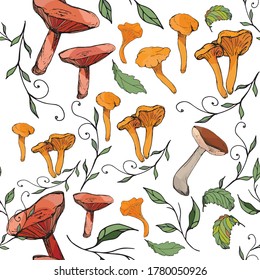  Edible vegetarian mushrooms, organic mushrooms, seamless pattern, vector illustration. Chanterelle, Lactárius rúfus, boletus, Rowan berries