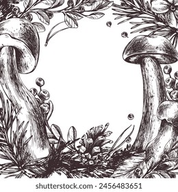 Edible wild boletus mushrooms with blueberries and lingonberries, leaves, fir and cones. Graphic illustration, hand drawn with brown ink, line art. Round frame, wreath, template for text.